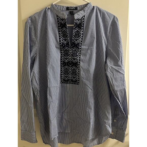 Chaps Button Up Top Womans Large Striped Blue White V neck Embroidered - Picture 5 of 5